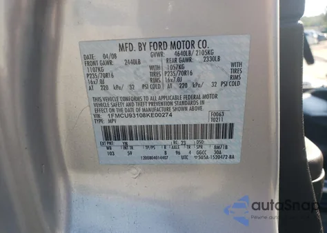 2008 Ford Escape Xlt из США, поврежденный, VIN 1FMCU93108KE00274